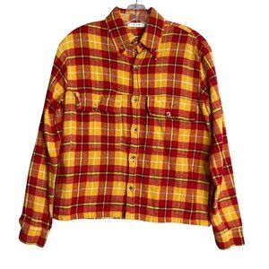 MNML Relaxed Cargo Flannel Shirt Mens S Red Yellow Boxy Plaid Cotton